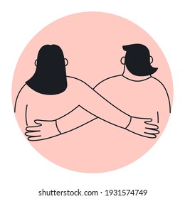 Friendship, support, romance and care, relationship. The couple hugs each other. Thin outline vector illustration on white.