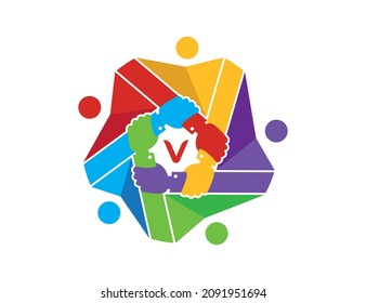 Friendship, Teamwork, Community, Group, People Connectivity logo Vector design Illustration Template with initial Letter V