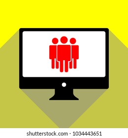 Friendship, teamwork. society icon. Vector. Red icon on white monitor of black all-in-one desktop computer with two shadows at yellow background.