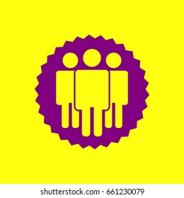 Friendship, teamwork. society icon. Vector. Violet label with hole as icon on yellow background.