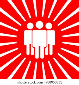 Friendship, teamwork. society icon. Vector. White icon on red sun with rays as background. Isolated.