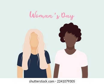 Friendship of two women of different nationalities, cultures, skin colors. Light-skinned and dark-skinned women together, solidarity, unity. Concept for international women's day