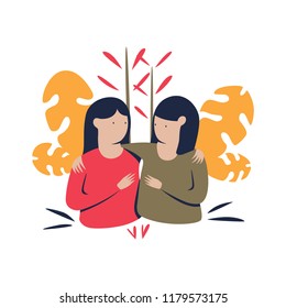friendship of two women, friendship, hug two women, flat vector