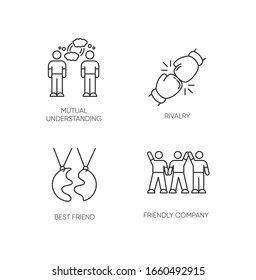 Amistad tipos píxeles perfectos iconos lineales conjunto. Comprensión mutua. Conexión social personalizable de los símbolos de contorno de línea delgada. Ilustraciones aisladas del contorno vectorial. Trazo editable