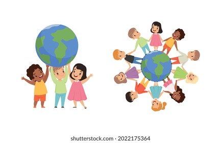 Friendship, Unity, Earth Planet Protection, Kids Holding Hands Standing the World Cartoon Vector Illustration