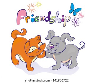 friendship vector cartoon illustration with kitten and puppy, coloreul word