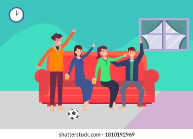 Friendship vector concept: Group of happy people watching football match on TV while sitting on the sofa at home