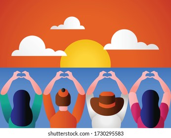 Friendship vector concept; group of people doing love hand gestures against the sun at the beach