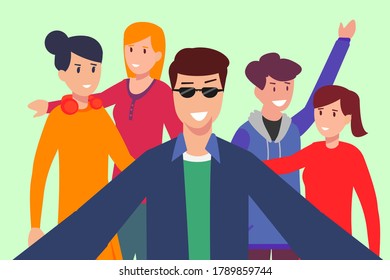 Concepto de vector de amistad: grupo de adolescentes tomándose un selfie feliz