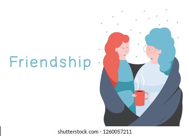 Friendship vector concept illustration with two happy women and red coffee cup in hand isolated on a white background.