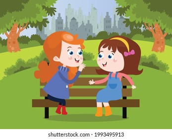 Friendship vector concept. Teenage girl whispering a secret to her friend while sitting together at the home