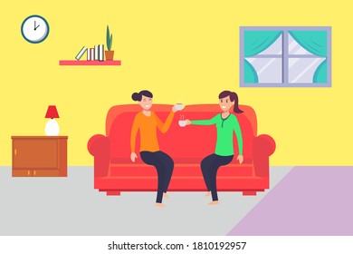 Friendship vector concept: Two women chatting and drinking hot drink together while sitting on the sofa at home