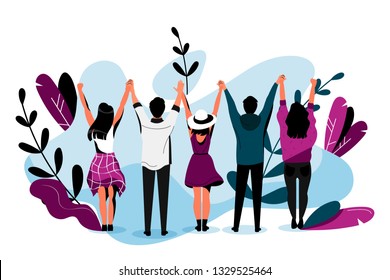 Friendship vector flat illustration. Happy friends hugging together. Young people have a fun event together.