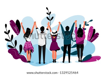 Friendship vector flat illustration. Happy friends hugging together. Young people have a fun event together.