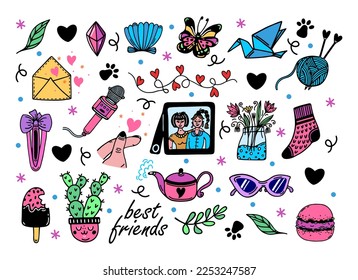 Friendship vector icon set. Best friends, buddies, besties. Symbols of good relations - girlfriend photo, likes, flowers, sweets, karaoke. Respect, love, support. Simple doodle isolated on white