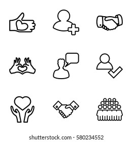 friendship vector icons. Set of 9 friendship outline icons such as handshake, chatting man, group, heart on hand, heart tag, hand with heart, add friend