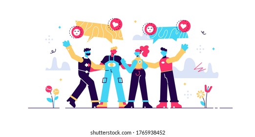 Ilustración vectorial de amistad. El concepto de las personas unificadas en relación social. Asociación simbólica de grupos de confianza y solidaridad. Comunidad de la sociedad con un apoyo alegre y estilo de vida de equipo unido.