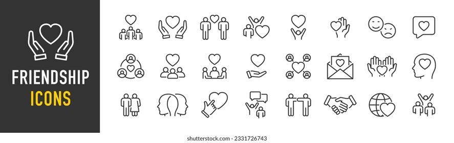 Iconos web de amistad en estilo de línea. Interacción, amistad, relación, asistencia mutua, responsabilidad social, amigo, amor, colección. Ilustración vectorial.