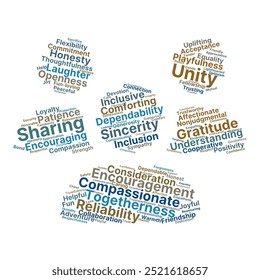 Friendship Word Cloud. Composition of Words Related to Human Connection, Loyalty, and Trust. Social Bonds and Emotional Support. Isolated White Background.