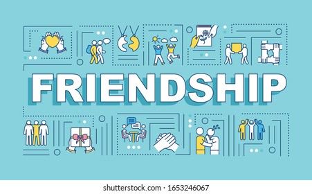 Friendship word concepts banner. Mutual affection. Friendly interpersonal relationship. Infographics with linear icons on blue background. Isolated typography. Vector outline RGB color illustration