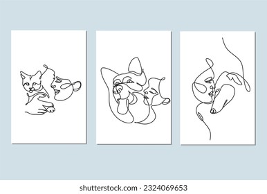Friendships between humans and animals in line art style vector. Cat or dog with human continuous line minimalist logo. 
