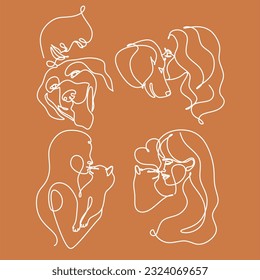 Friendships between humans and animals in line art style vector. Cat or dog with human continuous line minimalist logo. 
