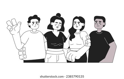 Friendships monochromatic flat vector characters. Friends group. Multinational positive mates. Editable thin line full body people on white. Simple bw cartoon spot image for web graphic design