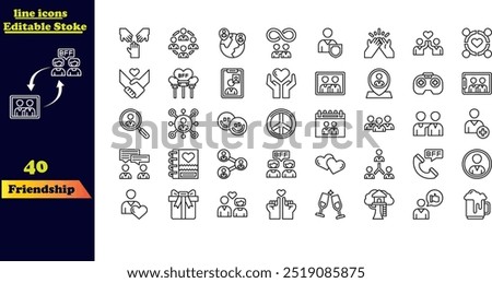 Friendship-themed icon set, featuring icons for friends, friend groups, socializing, kindness, encouragement, trust, support, and best friends.