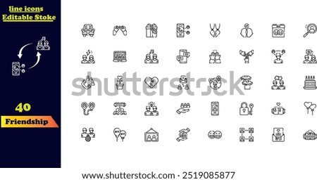 Friendship-themed icon set, featuring icons for friends, friend groups, socializing, kindness, encouragement, trust, support, and best friends.