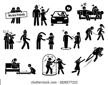 Friendzone or friend zone concept illustrations in stick figures icons. Vector graphics of a man being friend zoned by a girl that he loved.