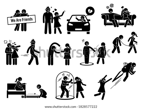 Friendzone or friend zone concept illustrations in\
stick figures icons. Vector graphics of a man being friend zoned by\
a girl that he\
loved.