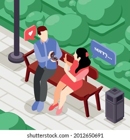 Friendzone isometric background composition with city park scenery and couple sitting on bench with chat bubbles vector illustration