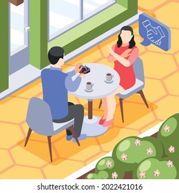 Friendzone isometric background with outdoor cafe scenery and couple having date with woman willing stay friends vector illustration