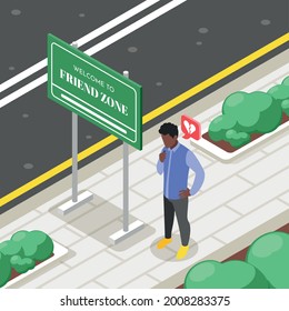 Friendzone isometric background with outdoor scenery and man with broken heart standing on pavement with signboard vector illustration