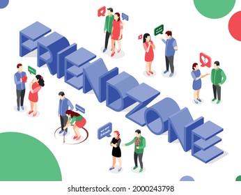 Friendzone isometric composition with 3d text surrounded by human characters of rejected lovers with broken heart vector illustration