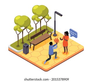 Friendzone isometric composition with outdoor view of city park with guy holding flowers and indifferent girl vector illustration