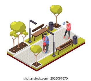 Friendzone isometric composition with view of city street characters of kissing lovers and discouraged single guy vector illustration