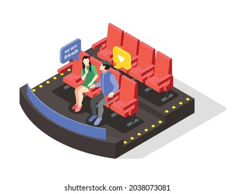 Friendzone isometric composition with view of loving couple sitting in cinema auditorium with rejecting chat bubbles vector illustration