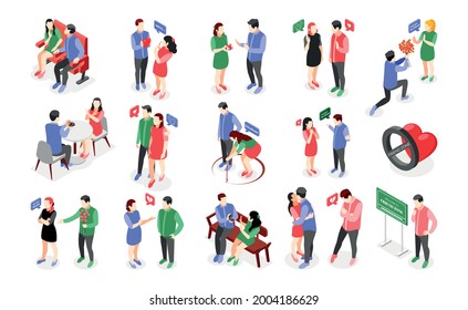 Friendzone isometric icons collection with isolated human characters of male and female lovers having unsuccessful dates vector illustration