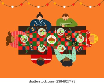 Friens celebrates Christmas or New Year. Happy people sitting at the Christmas table. Vector illustration 