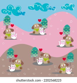 Frienship between dog and cat presenting on sweet seamless pattern background.Designed for giftpaper,wallpaper,fabric,cover