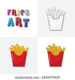 Fries bag art sketch, colouring page, flat and realistic fries fast food illustration for kids