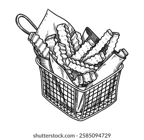 Fries in the basket food illustration in the graphic line art style. Hand drawn vector outline element of fast food meal. Perfect for menu creating and sketch drawing designs.
