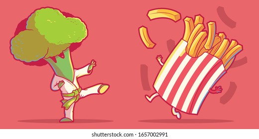 fries and broccoli character vector illustration. Food, healthy, diet design concept
