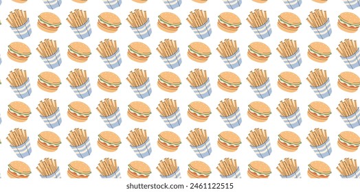 Fries and burger repeating pattern. Fast food seamless ornament. 90s background