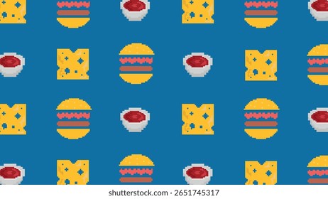 Batatas fritas, hambúrgueres e tomates renderizados em gráficos de pixel nostálgico em uma grade escura para jogos retrô ou visuais com tema de lanchonete.