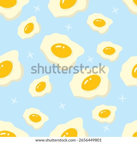 Fries egg on a blue background. Food seamless pattern for clothing, fabric, wallpaper, backdrop, home decoration, cover book, and wall art. 