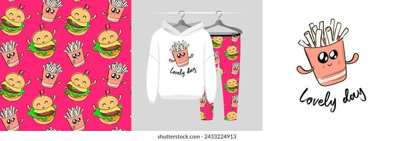 Fries icon concept, text Lovely day. Dancing Food set, seamless pattern, cute mascot illustration for tee prints, pajamas, baby shower decor, fabric design, wrapping, web landing page, banner, sticker