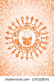 fries icon inside abstract emblem, orange mosaic background