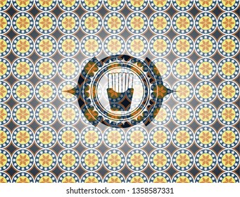 fries icon inside arabic emblem background. Arabesque decoration.
